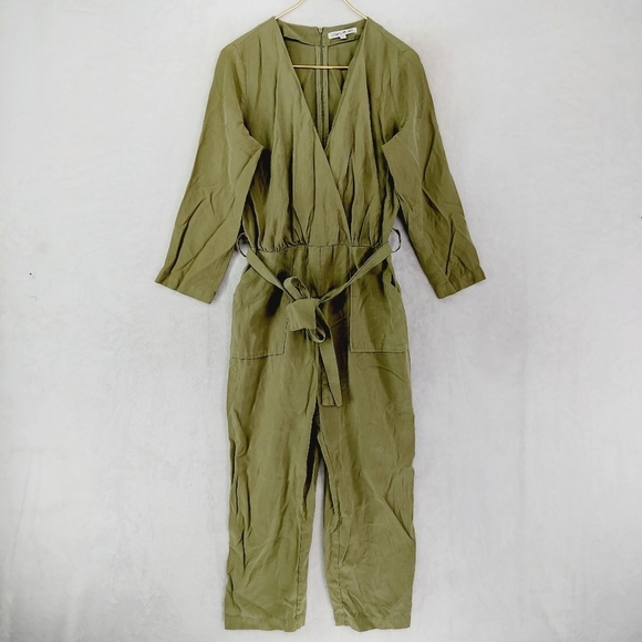 Elizabeth and James Olive Green V Neck Waist Tie Long Sleeve Jumpsuit P3016 - Picture 2 of 9